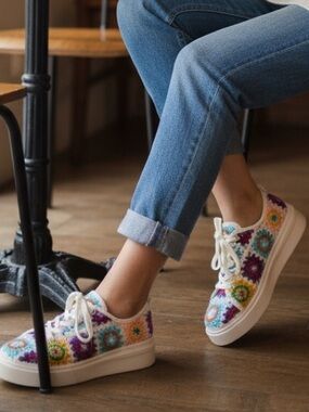 Colorful Crochet Women's Bohemian patchwork crochet Sneakers size 6
